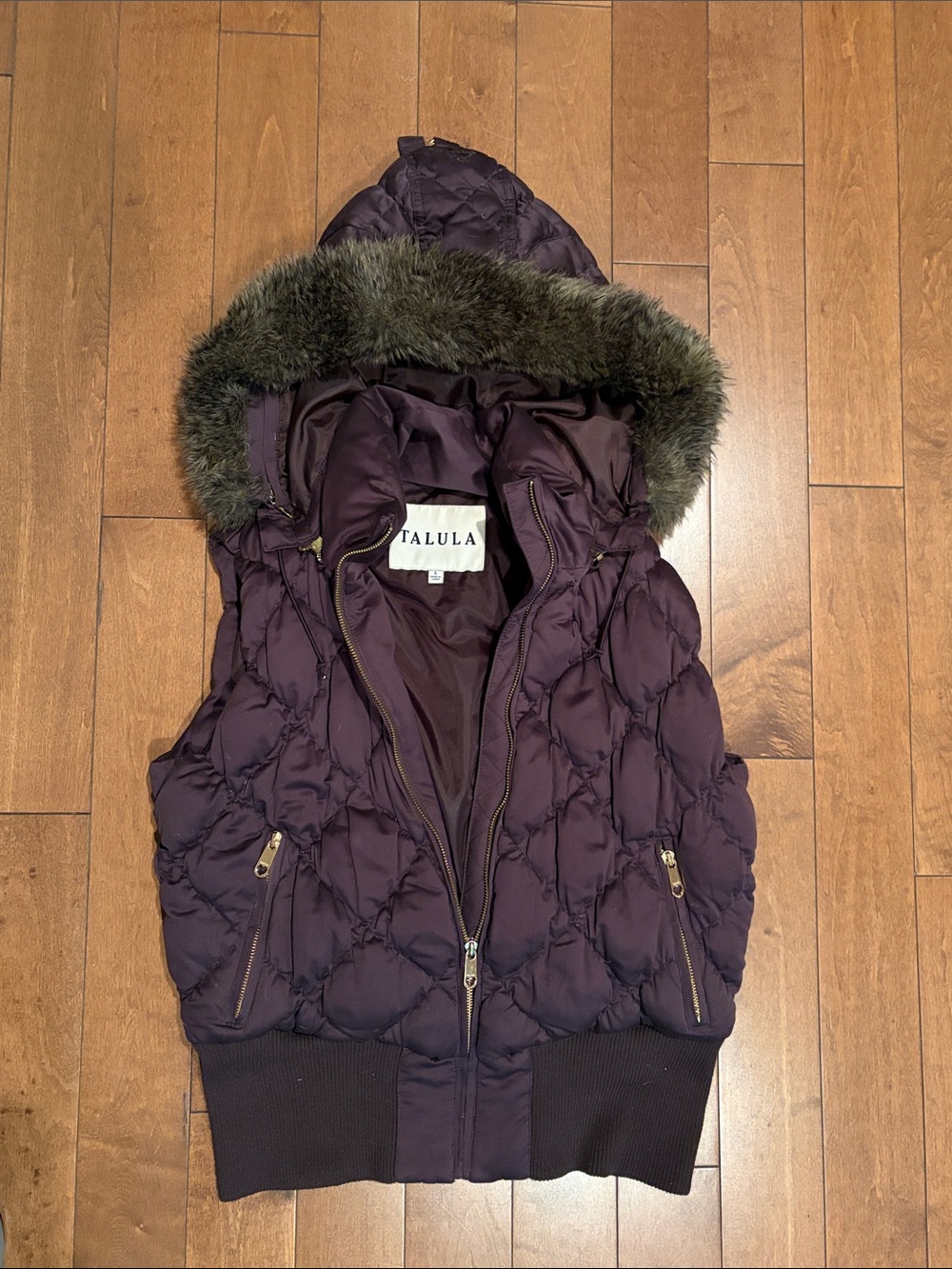 Brown Talula Quilted Hooded Puffer Vest with Faux-Fur Trim